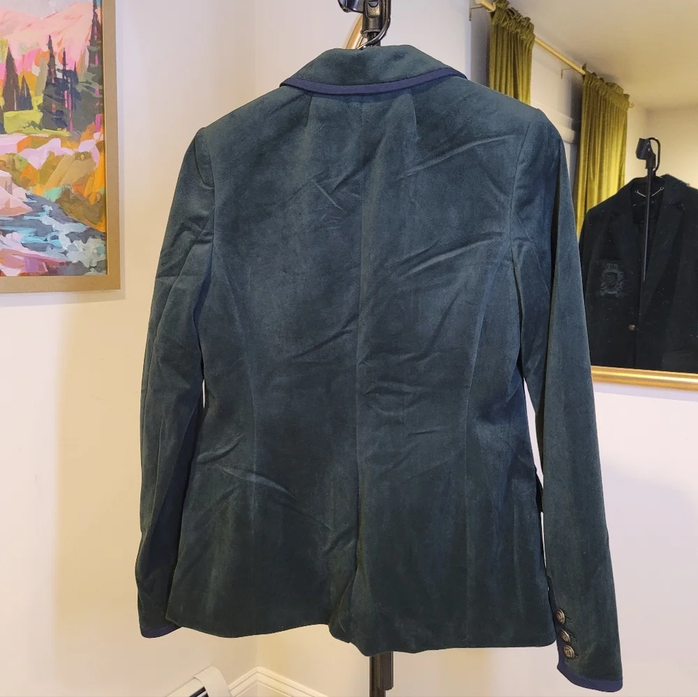 Tommy Hilfiger Green Monogrammed Velvet Blazer with Navy Trim Size 4 - Picture 5 of 8